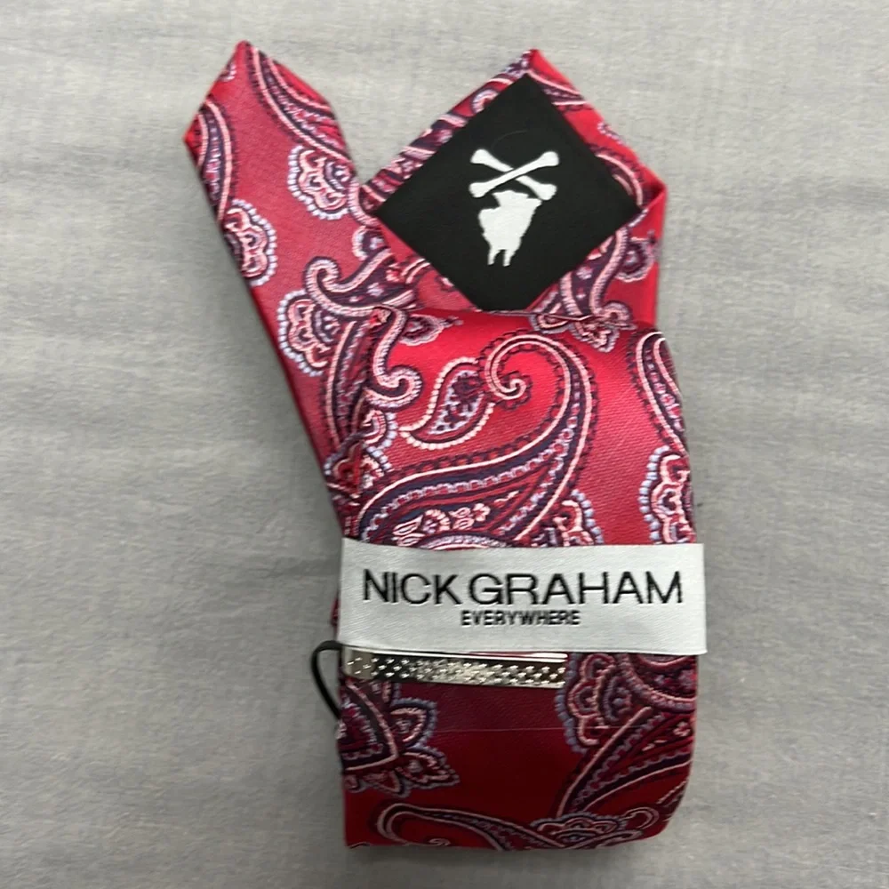 Necktie & Clip Set Nick Graham Handmade Mens Red Blue Paisley Neck Tie - Picture 3 of 11